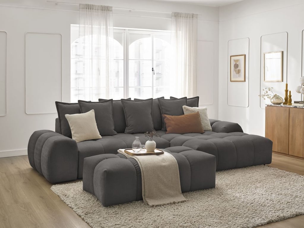 Produit similaire: Canapé d'angle convertible coffre EVEREST tissu texturé avec pouf gris foncé angle droit BOBOCHIC 4 places