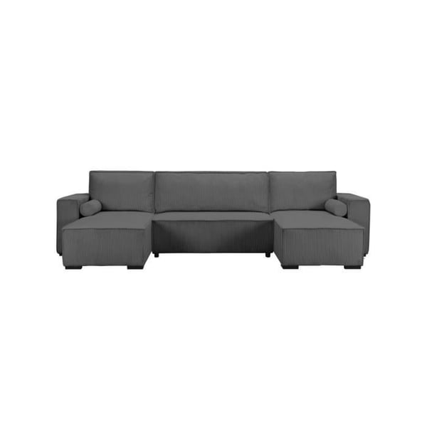 Canapé panoramique 5 places CLARENCE convertible avec coffre en velours côtelé - Gris foncé - L322 x P161 x H87cm - LOUNGITUDE