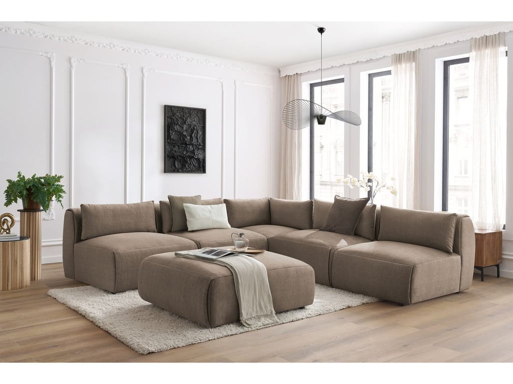 Produit similaire: Canapé d'angle fixe modulable JEANNE tissu velours avec 4 chauffeuses, 1 angle et 1 pouf taupe réversible BOBOCHIC 6 places