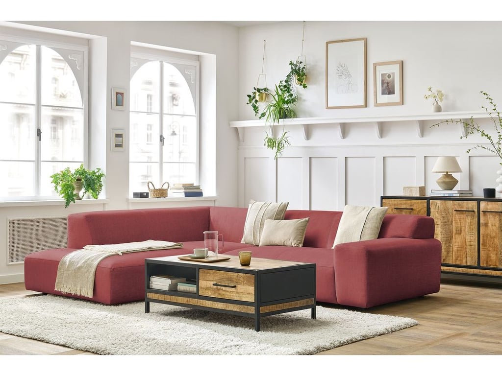 Produit similaire: Canapé d'angle fixe compact LAVENA tissu velours orange angle gauche BOBOCHIC 4 places