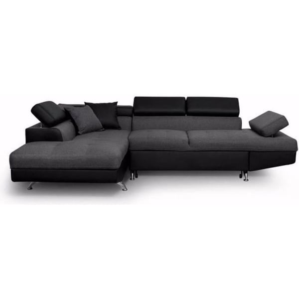 Canapé d'angle gauche 5 places RIO Convertible avec coffre en tissu et simili - Gris/Noir - L271 x P192 x H70cm - LOUNGITUDE