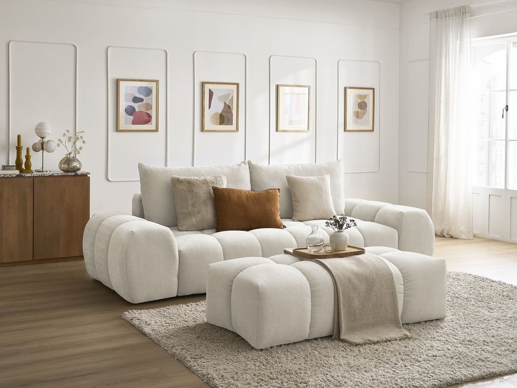Produit similaire: Canapé droit fixe 3 places EVEREST tissu texturé avec pouf beige BOBOCHIC