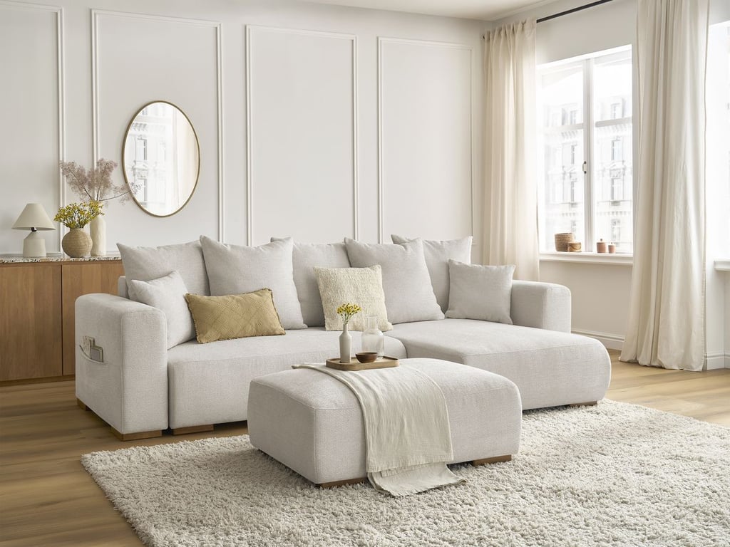 Produit similaire: Canapé d'angle convertible réversible coffre SIDONIE tissu chiné avec pouf beige BOBOCHIC 4 places