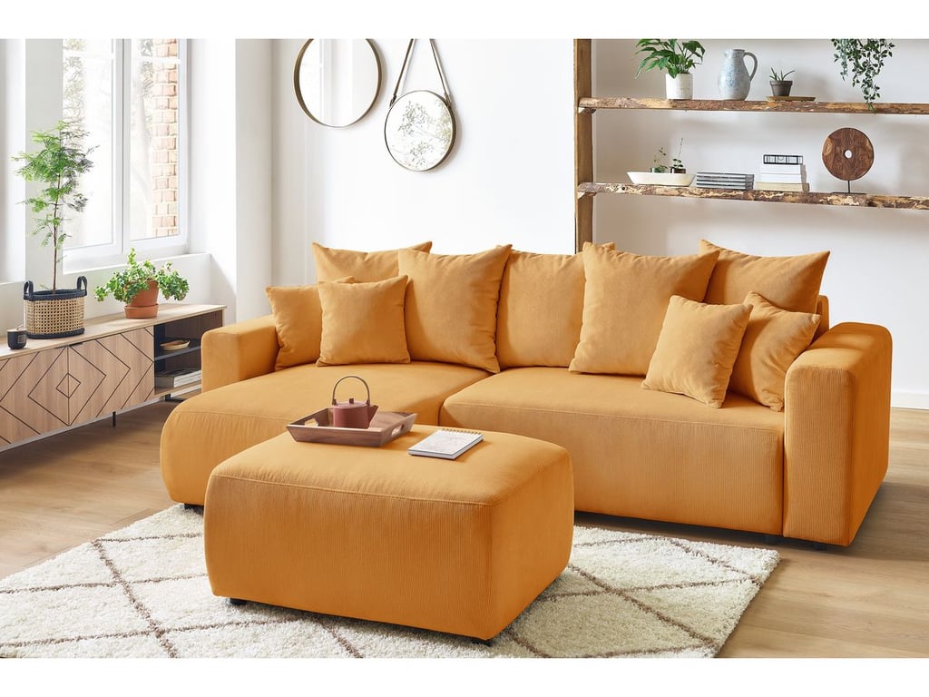 Produit similaire: Canapé d'angle réversible convertible coffre ENVY velours côtelé avec pouf jaune BOBOCHIC 4 places