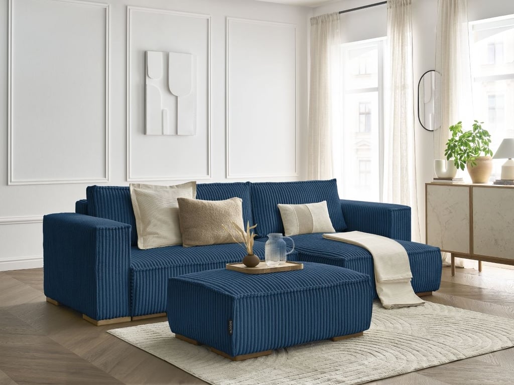 Produit similaire: Canapé d'angle convertible réversible coffre CHELSEA gros côtelé doux avec pouf bleu foncé réversible BOBOCHIC 4 places