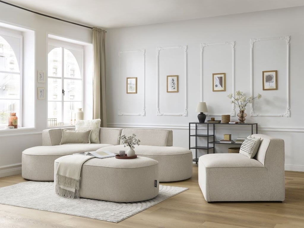Produit similaire: Canapé d'angle fixe modulable ROUSSEAU tissu chiné avec 1 chauffeuse et 1 pouf beige angle gauche BOBOCHIC 6 places