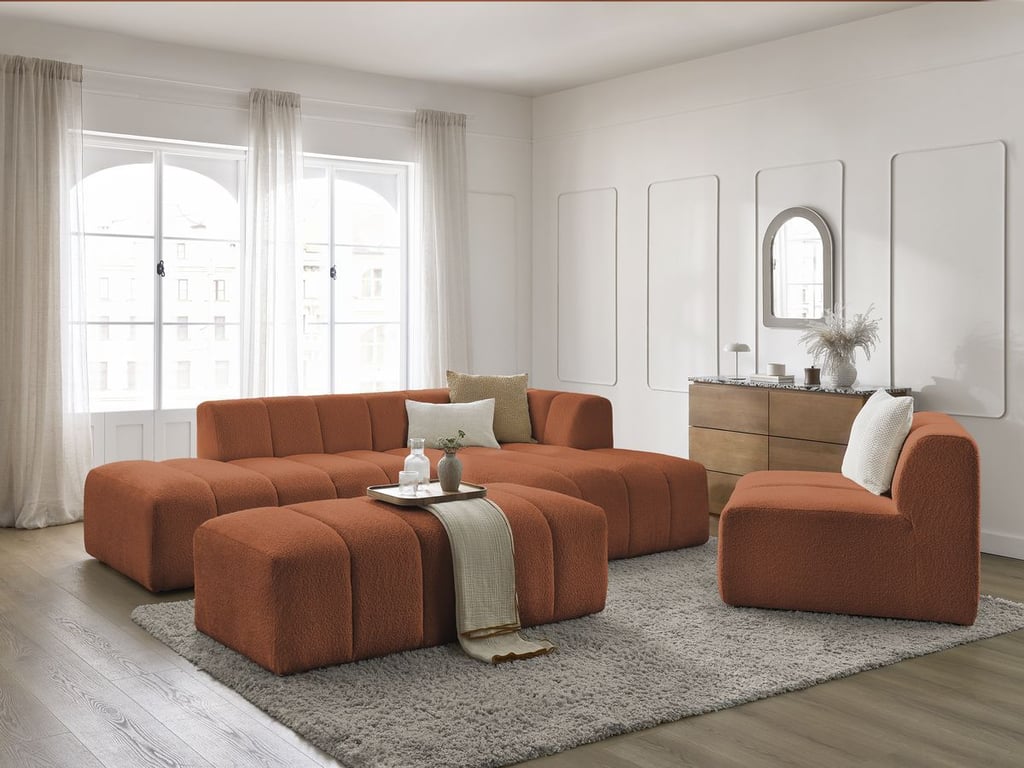 Produit similaire: Canapé d'angle fixe modulable ANNECY tissu bouclette avec 1 chauffeuse 1 place et 1 pouf orange angle droit BOBOCHIC 5 places