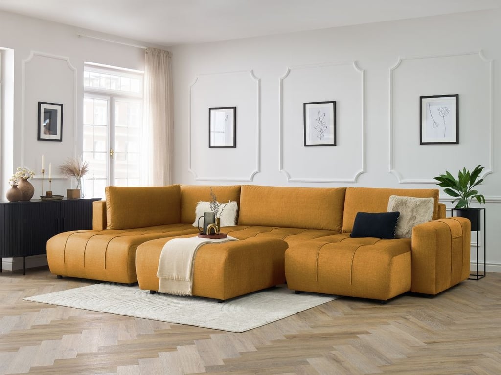 Produit similaire: Canapé panoramique convertible coffre ARSENE tissu velours avec pouf jaune angle droit BOBOCHIC 6 places