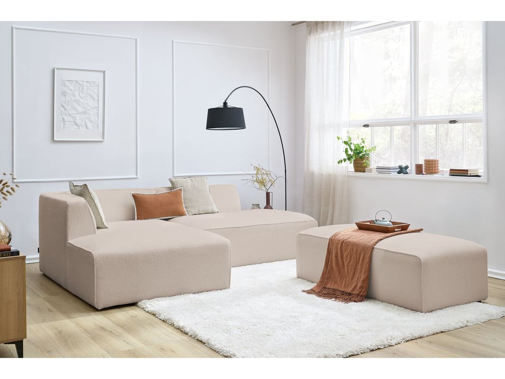 Produit similaire: Canapé d'angle fixe modulable MEGEVE tissu bouclette avec pouf beige angle gauche BOBOCHIC 5 places