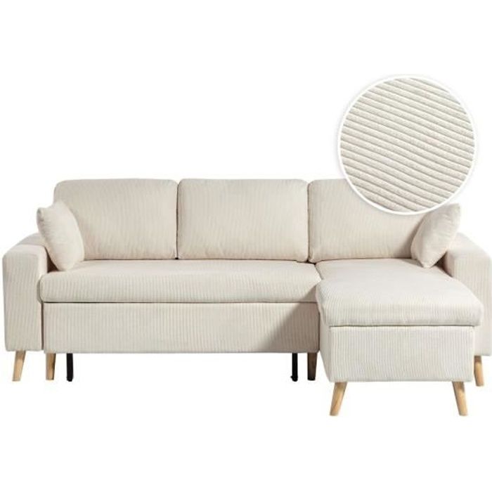 Canapé d'angle 3 pl MARIA SCANDINAVE réversible convertible avec coffre en velours côtelé - Beige - L227 x P148 x H95cm - - Vue supplémentaire 1