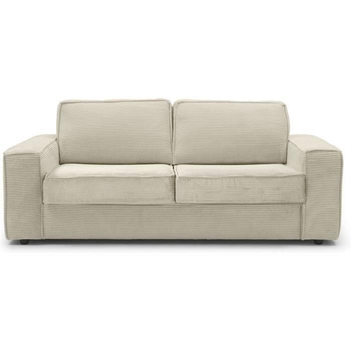 Canapé convertible 3 places en velours côtelé beige - Ouverture express - Couchage quotidien - Matelas HD 140 x 190 - Dario - Vue supplémentaire 1