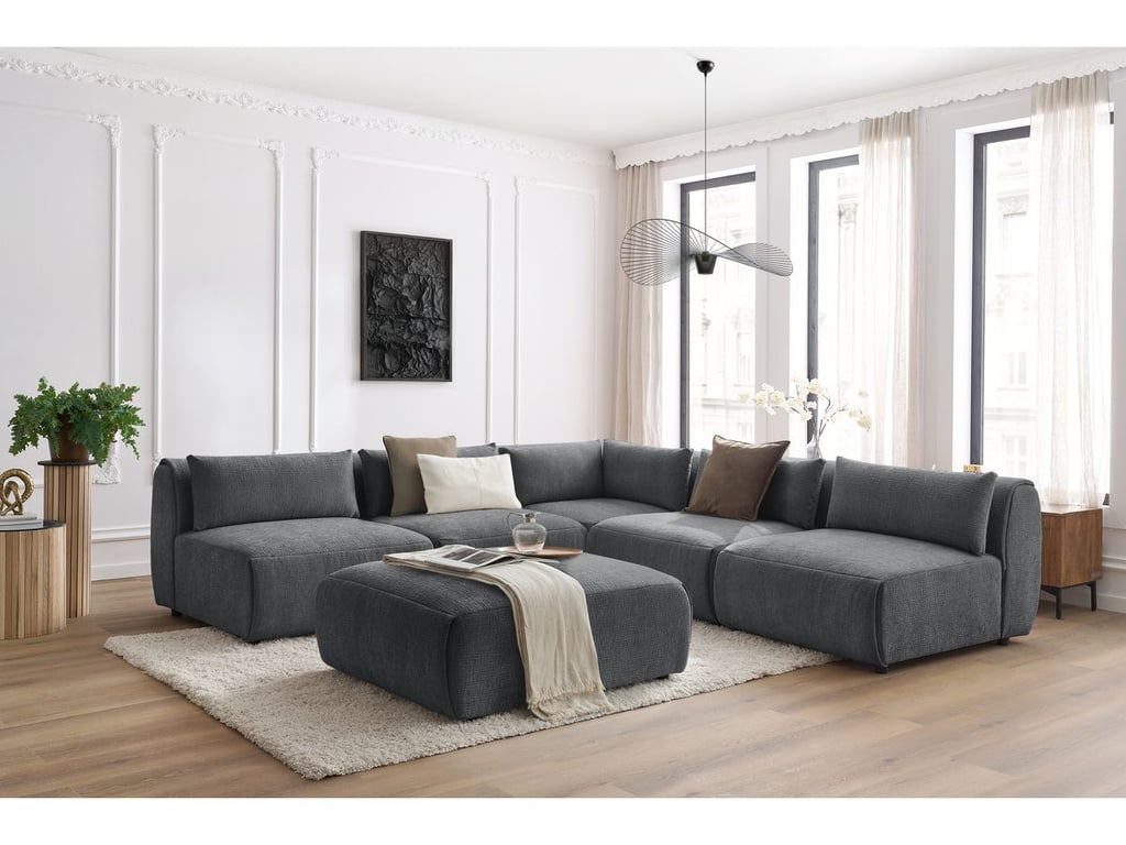 Produit similaire: Canapé d'angle fixe modulable JEANNE tissu texturé avec 4 chauffeuses, 1 angle et 1 pouf gris foncé BOBOCHIC 6 places