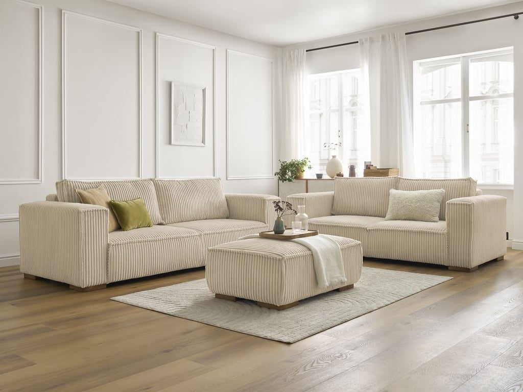 Produit similaire: Ensemble canapé droit fixe 3 + 2 places CHELSEA gros velours côtelé avec pouf taupe BOBOCHIC