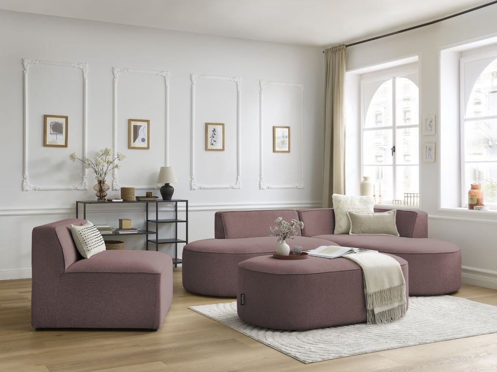 Produit similaire: Canapé d'angle fixe modulable ROUSSEAU tissu chiné avec 1 chauffeuse et 1 pouf rose angle droit BOBOCHIC 6 places