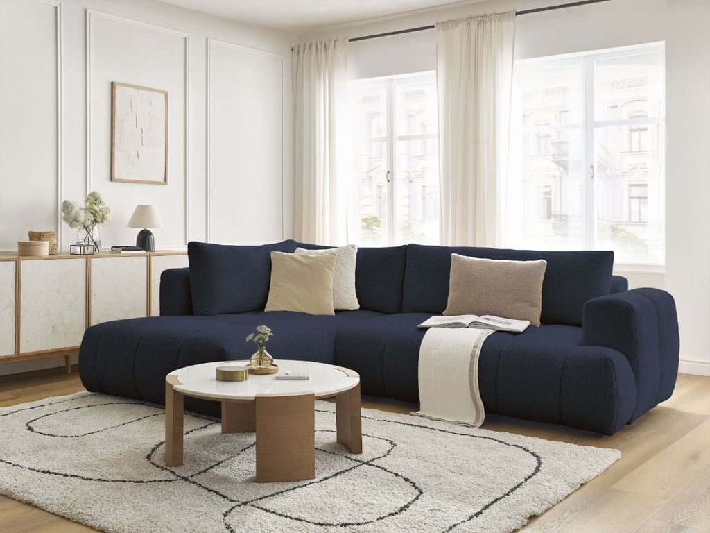 Produit similaire: Canapé d'angle L convertible FUJI tissu bouclette bleu foncé angle gauche BOBOCHIC 4 places