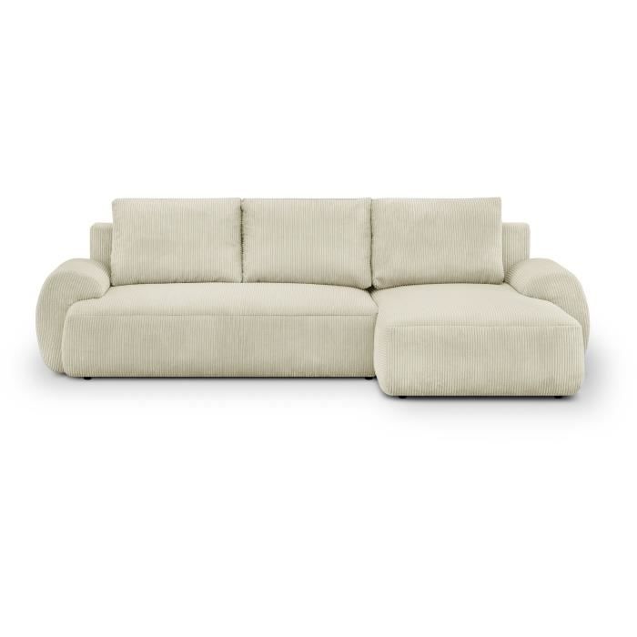 Canapé d'angle droit convertible 4/5 places MILO - Velours côtelés beige - Coffre de rangement - L 264 x H 84 x P 99/145 cm - Vue supplémentaire 1