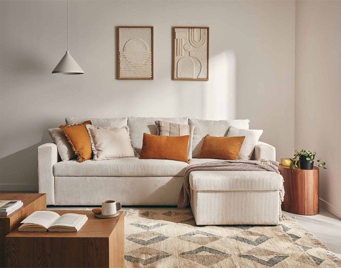 Produit similaire: Canapé d'angle réversible 4 places en velours côtelé - Beige - BESTMOBILIER - Convertible avec coffre