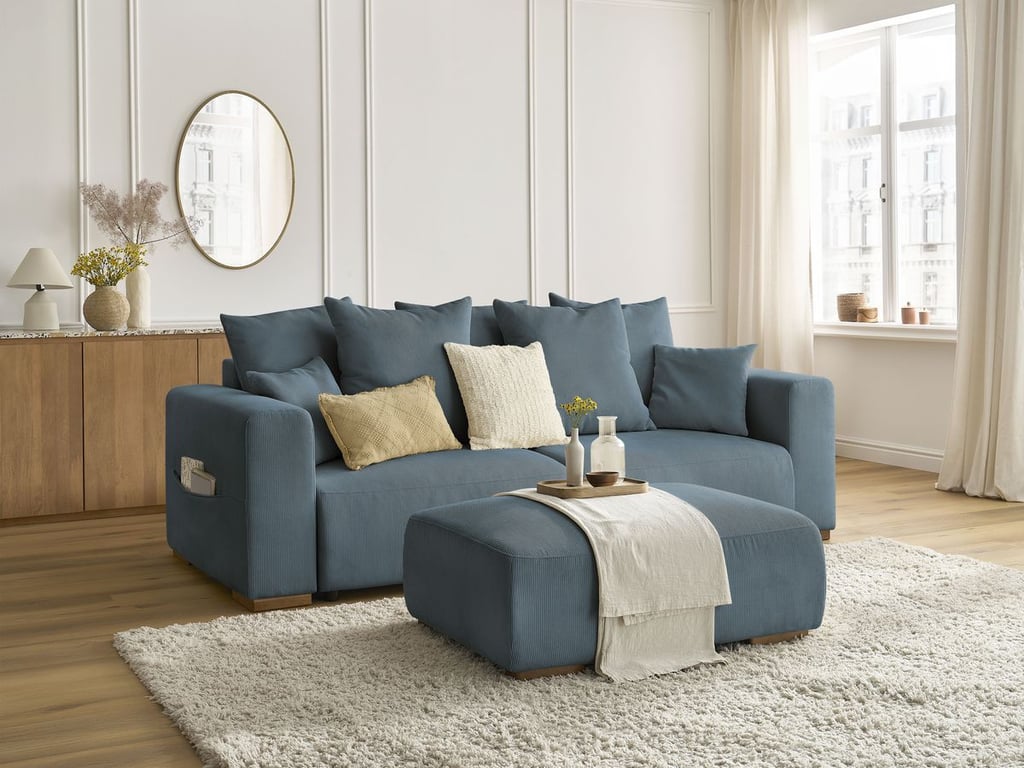 Produit similaire: Canapé droit convertible coffre SIDONIE velours côtelé avec pouf bleu foncé BOBOCHIC 4 places