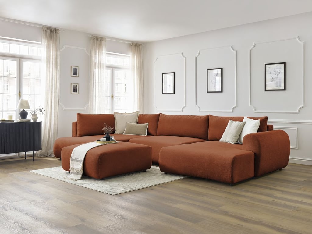 Produit similaire: Canapé panoramique convertible coffre LUCIEN tissu lisse avec pouf orange angle droit BOBOCHIC 6 places