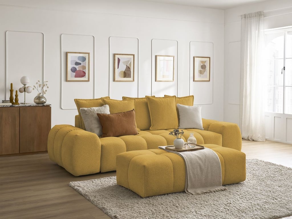 Produit similaire: Canapé droit fixe 3 places EVEREST tissu chiné avec pouf jaune BOBOCHIC