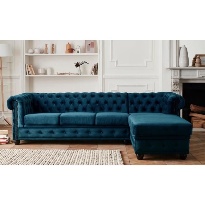 Produit similaire: Canapé d'angle Chesterfield 4 places en velours bleu canard - LISA DESIGN
