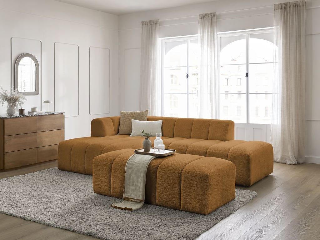 Produit similaire: Canapé d'angle fixe modulable ANNECY tissu bouclette avec pouf jaune angle gauche BOBOCHIC 4 places