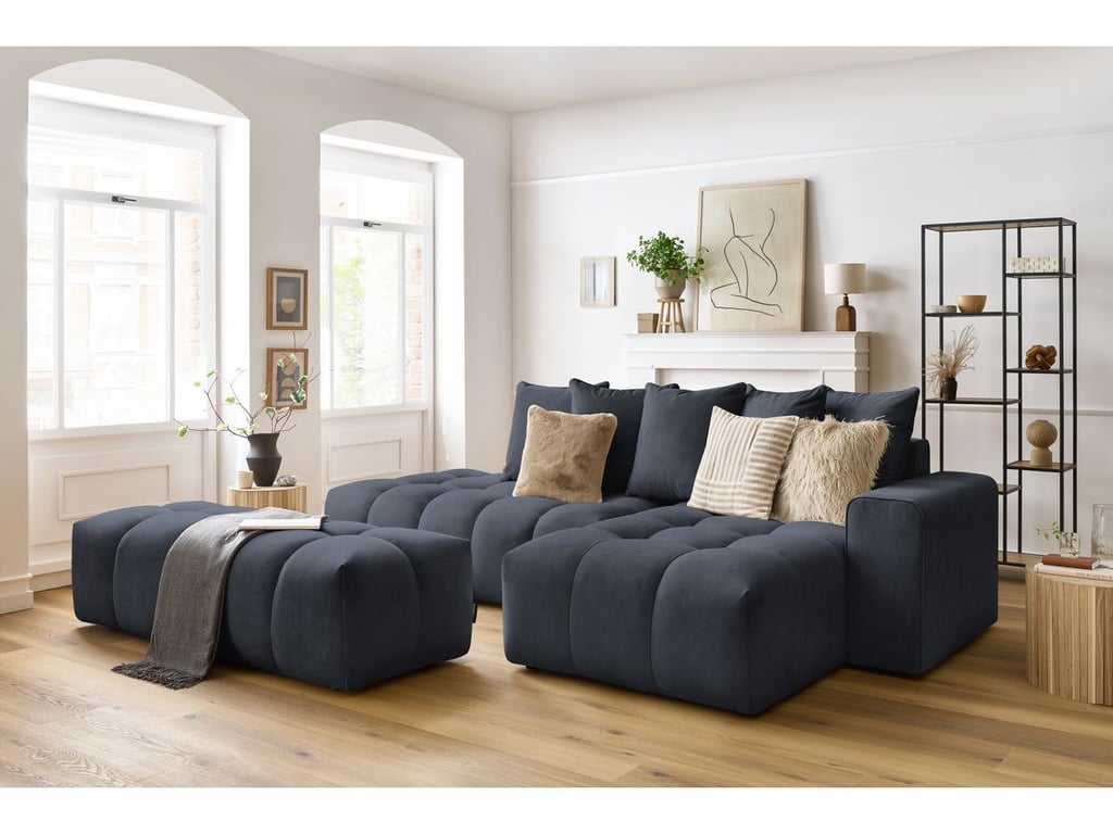 Produit similaire: Canapé d'angle fixe MONT-BLANC velours avec pouf bleu foncé angle droit BOBOCHIC 4 places