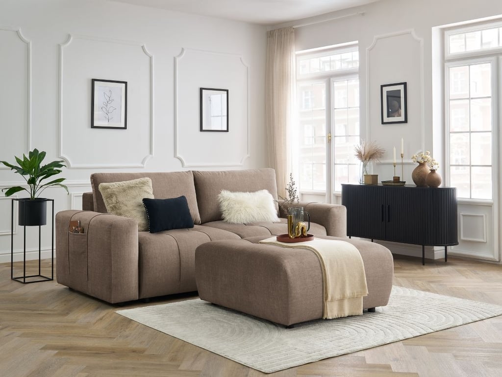 Produit similaire: Canapé droit convertible coffre ARSENE tissu velours avec pouf taupe BOBOCHIC 4 places