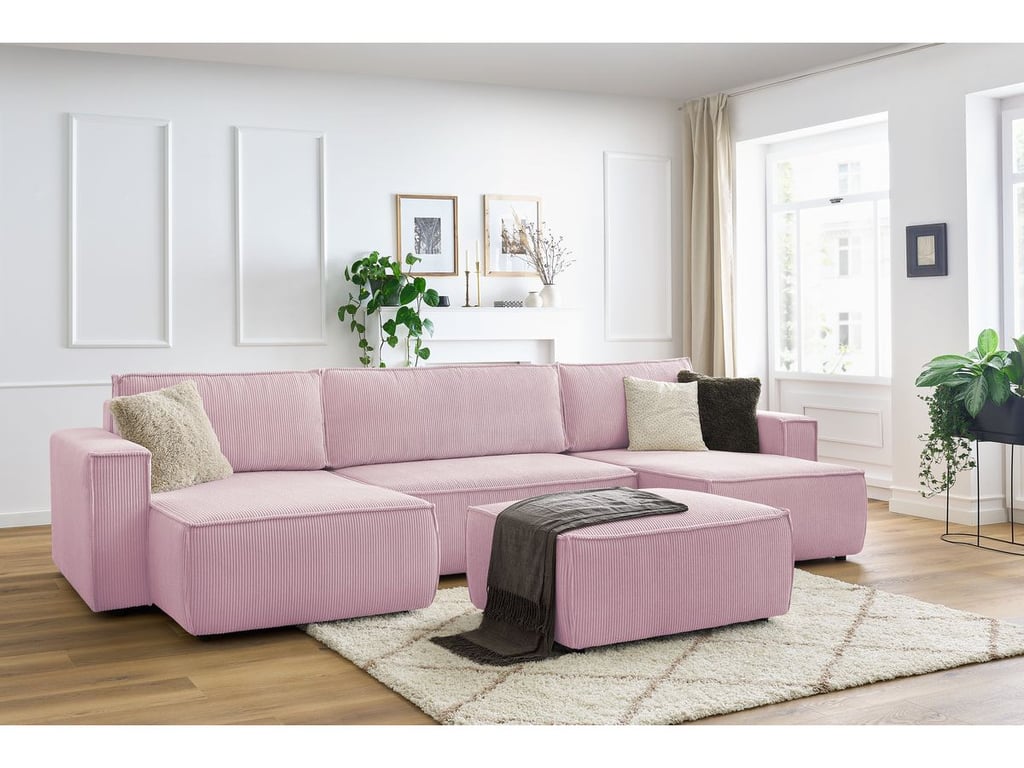 Canapé panoramique convertible coffre NIHAD velours côtelé avec pouf violet  panoramique BOBOCHIC 7 places