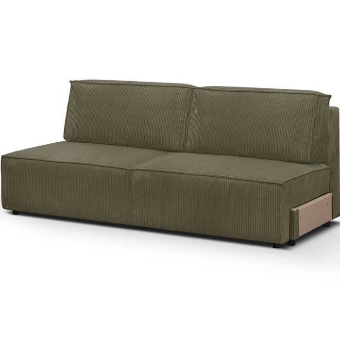 Canapé convertible 2 places avec coffre de rangement en velours côtelé vert kaki - Harper Mod - Vue supplémentaire 1