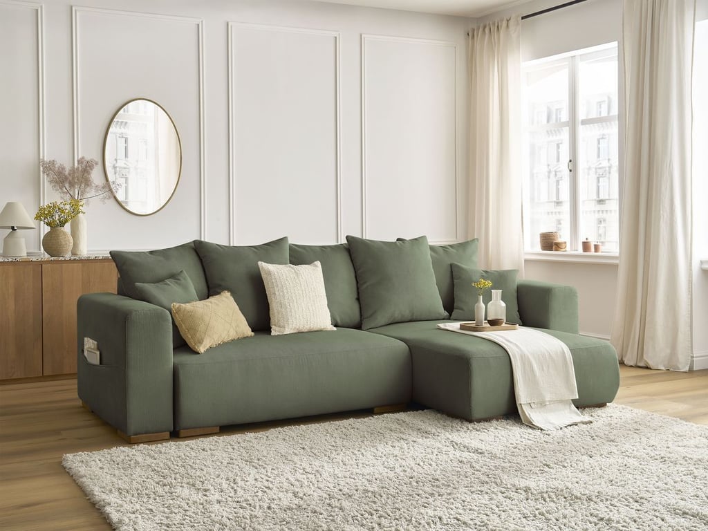 Produit similaire: Canapé d'angle convertible réversible coffre SIDONIE velours côtelé vert BOBOCHIC 3 places