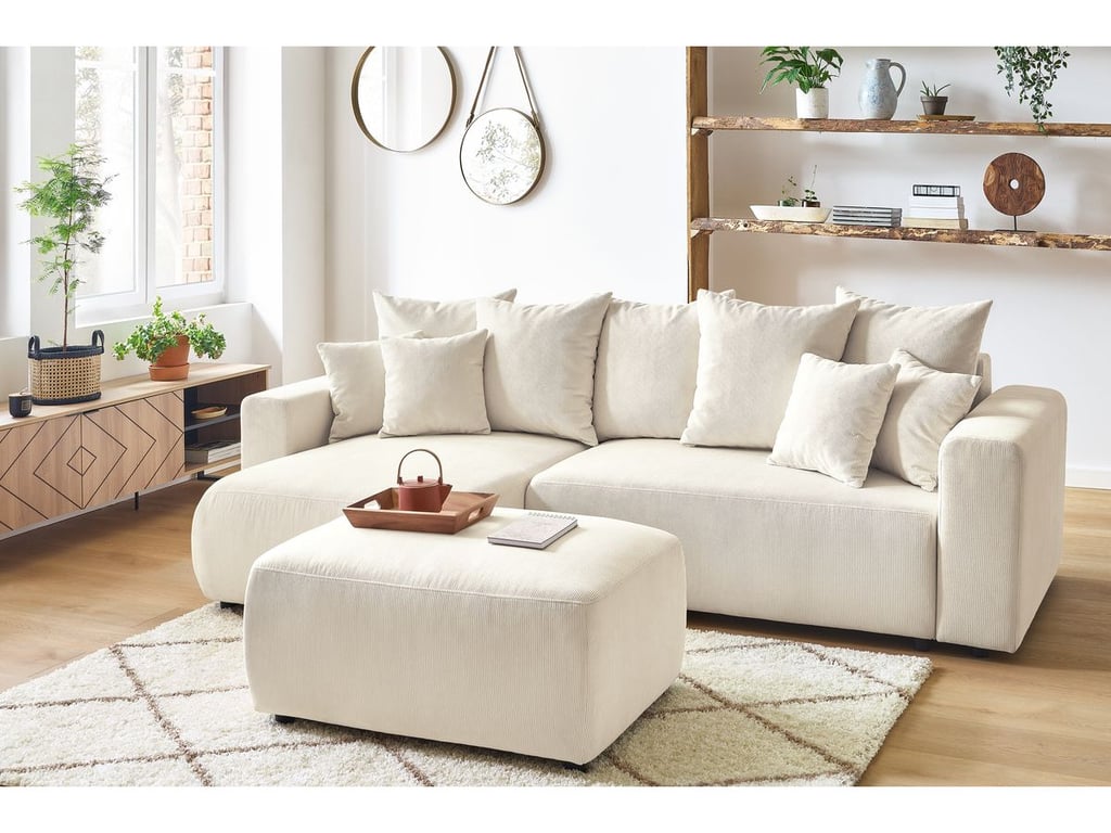 Produit similaire: Canapé d'angle réversible convertible coffre ENVY velours côtelé avec pouf beige BOBOCHIC 4 places