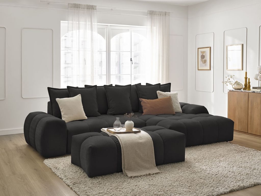 Produit similaire: Canapé d'angle convertible coffre EVEREST tissu texturé avec pouf noir angle droit BOBOCHIC 4 places