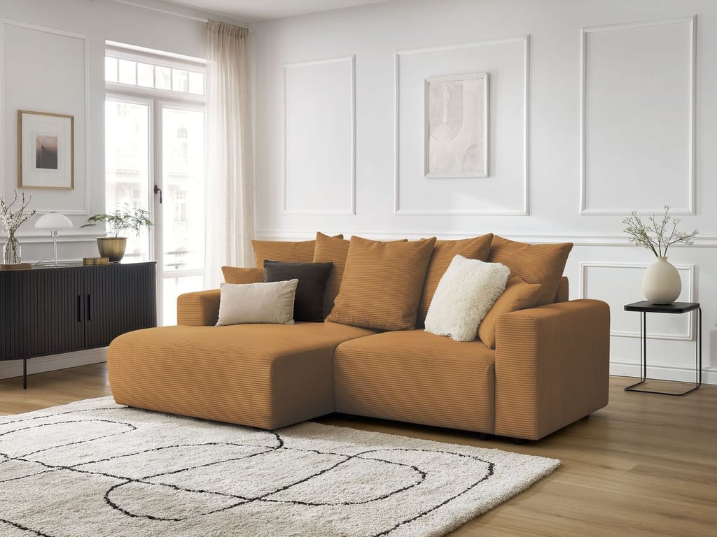 Produit similaire: Canapé d'angle convertible coffre ATILLA velours côtelé jaune angle gauche BOBOCHIC 3 places