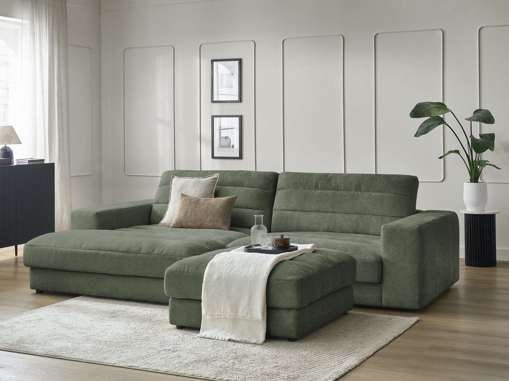Produit similaire: Canapé d'angle fixe SIERRA tissu texturé avec pouf vert foncé angle gauche BOBOCHIC 4 places