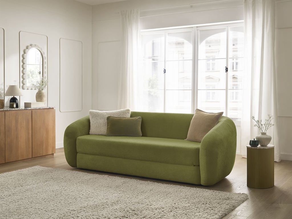 Produit similaire: Canapé droit convertible déplimousse NEYO tissu lisse vert BOBOCHIC 3 places