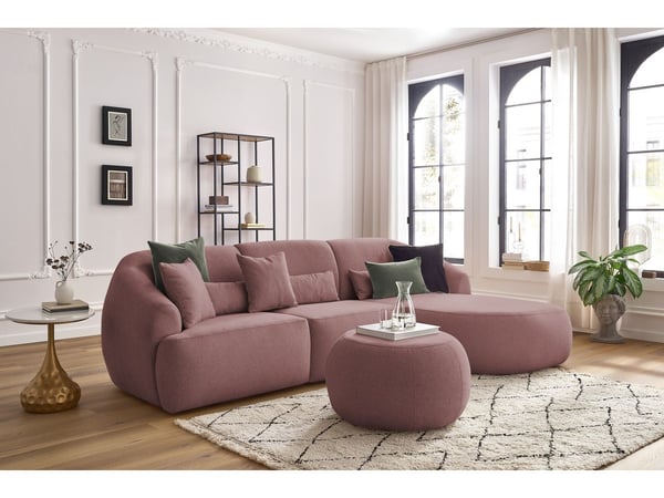 Canapé Alesia - Angle fixe avec pouf tissu chiné rose angle droit BOBOCHIC 4 places