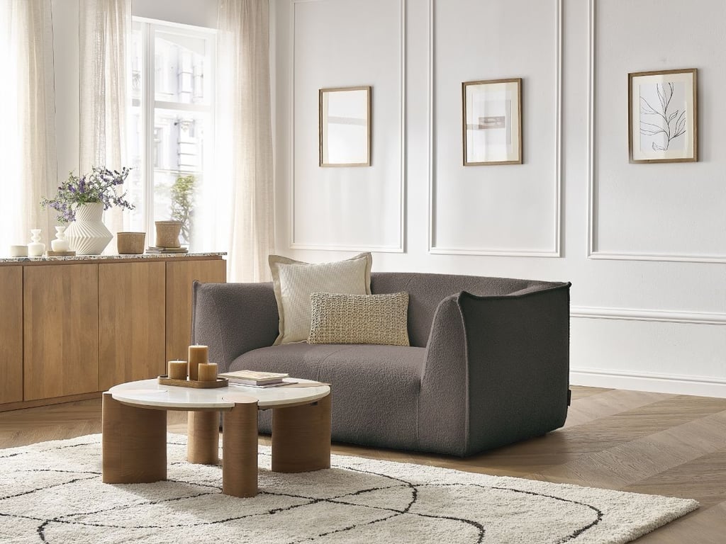 Produit similaire: Canapé droit fixe 2 places GIORGIA tissu bouclette marron BOBOCHIC