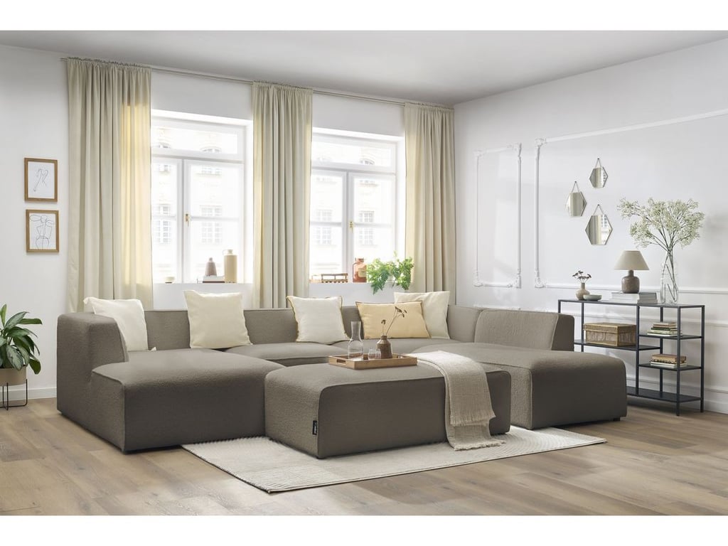 Produit similaire: Canapé panoramique fixe MEGEVE avec pouf tissu bouclette marron angle gauche BOBOCHIC 6 places