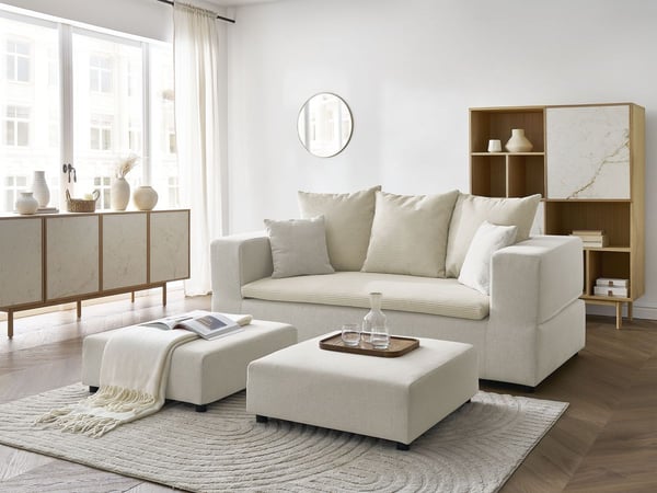 Leandre canapé droit convertible 4 places tissu texturé bi matière avec deux poufs beige