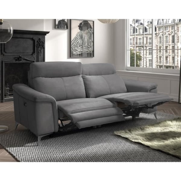 Canapé de 3 places (2 relax électriques) en tissu couleur Gris foncé - Longueur 227 x Profondeur 93 x Hauteur 103 cm