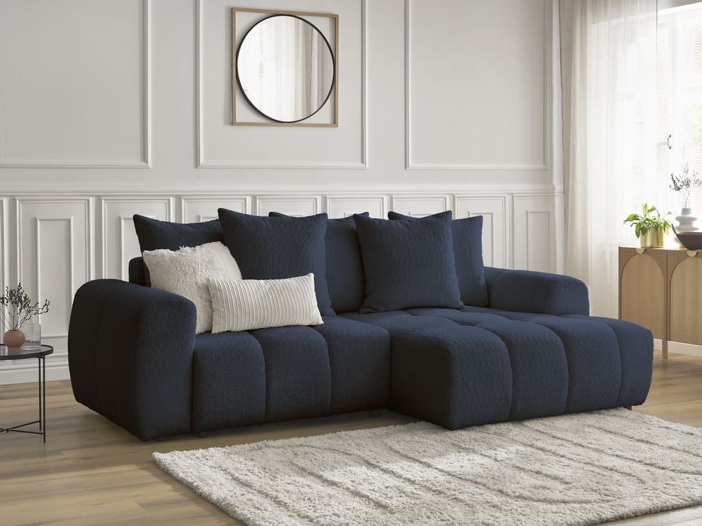 Produit similaire: Canapé d'angle convertible coffre ROXELANE tissu bouclette bleu foncé angle droit BOBOCHIC 3 places