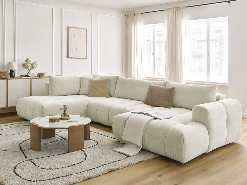 Canapé d'angle panoramique convertible FUJI tissu lisse avec pouf beige  angle droit BOBOCHIC 5 places