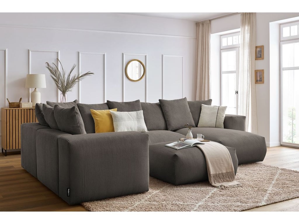 Produit similaire: Canapé panoramique fixe modulable VOLTAIRE avec 1 méridienne, 1 angle, 2 chauffeuses et 1 pouf taupe angle droit BOBOCHIC 6 places