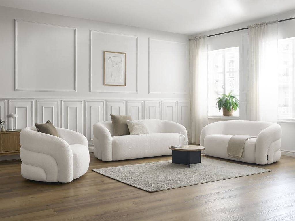 Produit similaire: Ensemble canapé droit fixe 3 + 2 places + fauteuil pivotant ELINA tissu bouclette blanc BOBOCHIC