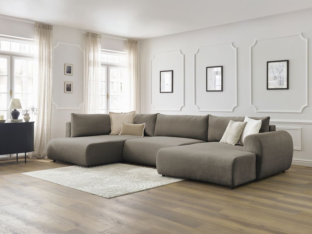 Produit similaire: Canapé panoramique convertible coffre LUCIEN tissu lisse taupe angle droit BOBOCHIC 5 places