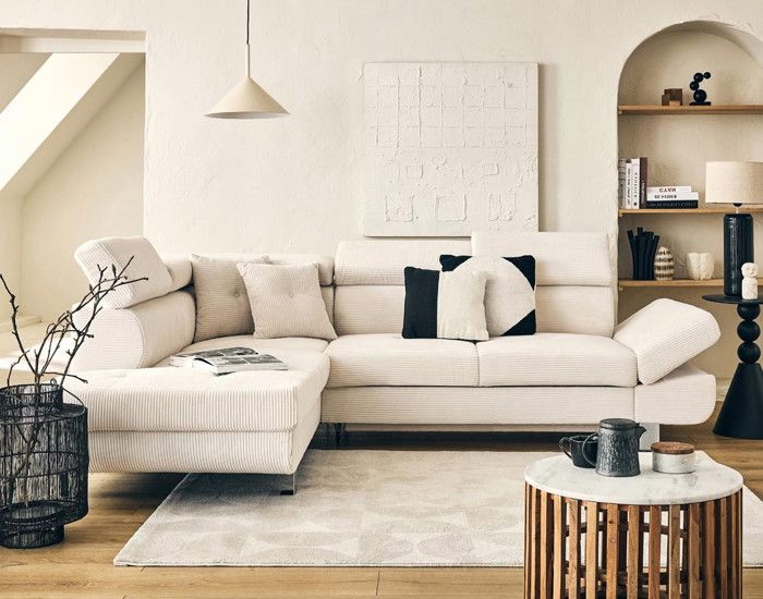 Produit similaire: Lisbona - canapé d'angle gauche 5 places convertible avec têtières en velours côtelé - Beige