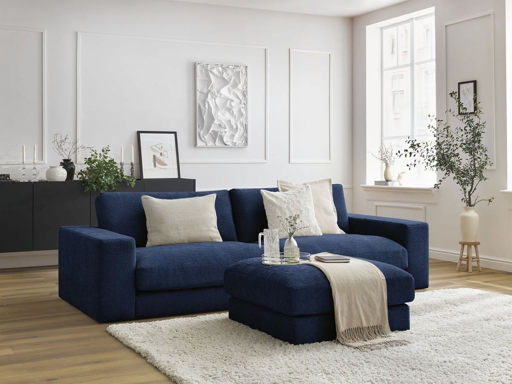Produit similaire: Canapé droit fixe 3 places compact LEONARD tissu texturé avec pouf bleu foncé BOBOCHIC