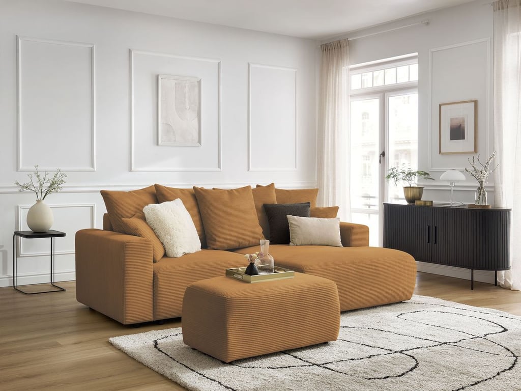 Produit similaire: Canapé d'angle convertible coffre ATILLA velours côtelé avec pouf jaune angle droit BOBOCHIC 4 places