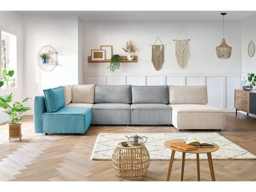 Produit similaire: Canapé d'angle fixe 100% modulable NIHAD tissu velours côtelé 3 chauffeuses, 1 angle et 1 méridienne multicolore BOBOCHIC 6 places